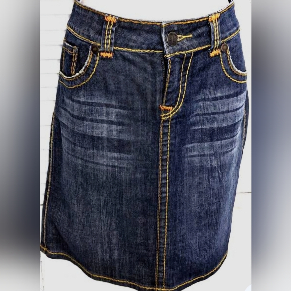 HOT TO TROT Retro Denim Mini Skirt Orange Stitching Above Knee Blue, Women's L
